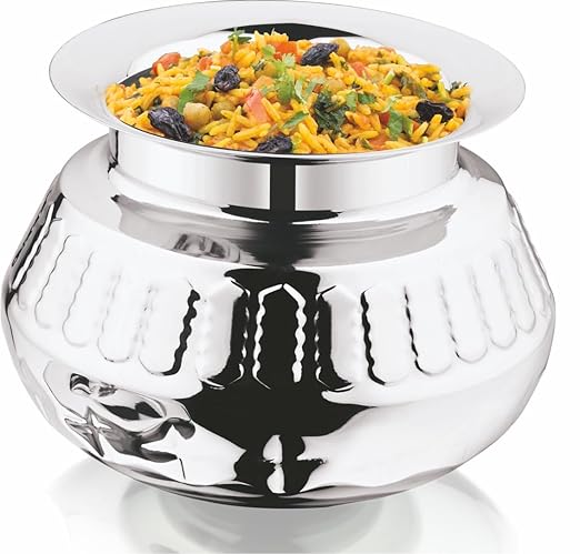 Mukti Stainless Steel Food Storage Handis & Cooking Pots|Curry Pots, Gravy, Rice Patilas, Biryani Kadhai & Topes|Khichdi King Pracheen with Lid|1100ml x 1pc