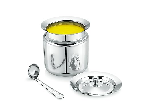 Mukti Stainless Steel Food Storage Jars & Containers|Ghee, Oil, Pickle Pot|Serving & Storing|Vintage Ghee Pot with Spoon & Lid|350ml x 1