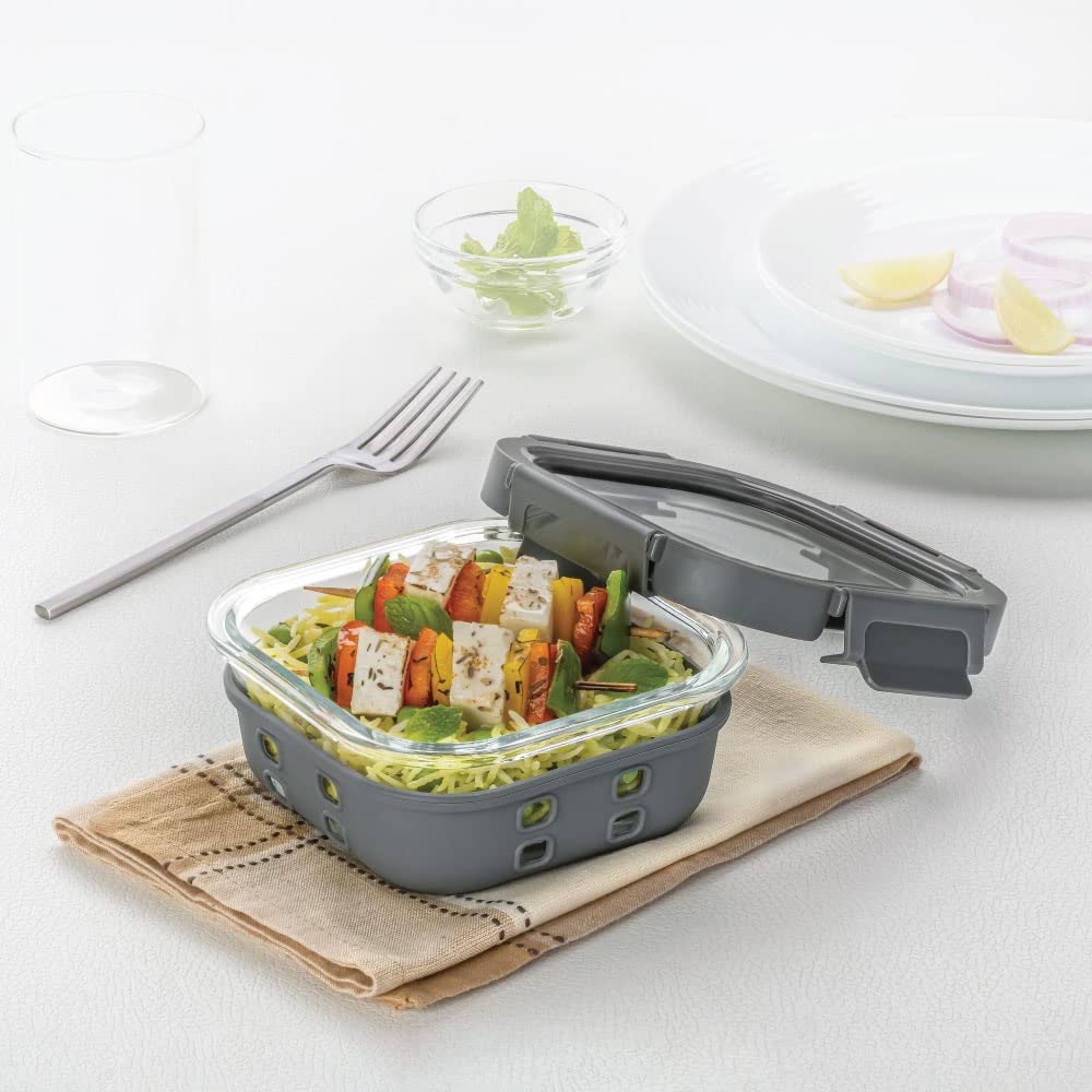Borosil Klip N Store Plus 520 ml Square Glass Food Storage Container with Air Tight Glass Lid | Borosilicate Glass Container for Lunchbox | Microwave & Dishwasher Safe | Transparent