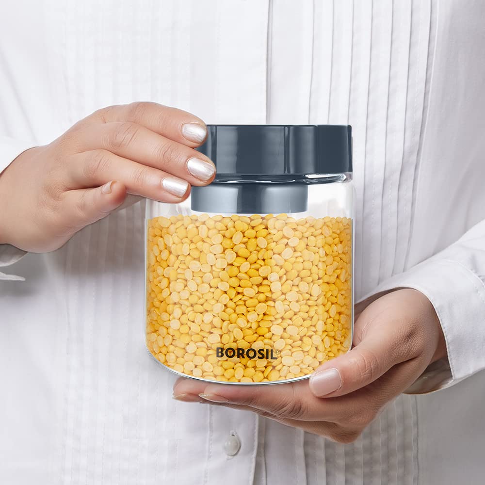 Borosil 600ml Easyscoop Endura Glass Jar with PP Lid | Made in India Borosilicate Glass Storage Organiser | Microwave & Dishwasher Safe Kitchen Containers for Spices, Snacks, Grains, Dals | Clear