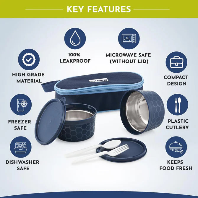 Feast 2 Microwave Safe Stainless Steel Lunch Box for Kids | Leakproof Tiffin with Insulated Cover | BPA-Free Containers | Lunch Boxes for Office Men & Women | Hot Food Safe | Blue