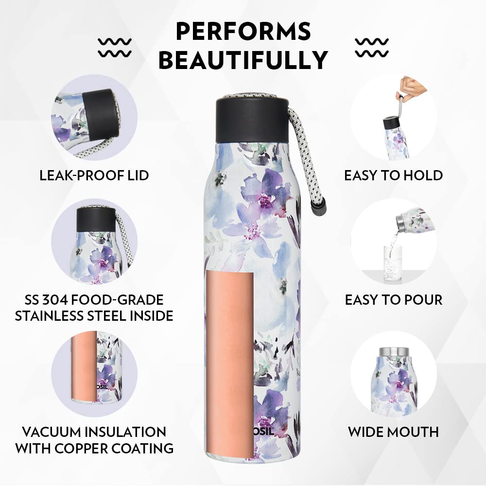 Aquasoul Flora 600ML Hot & Cold Stainless Steel Bottle | Double Wall Vacuum Insulated, 12 Hrs Temp Retention | BO600LRO2