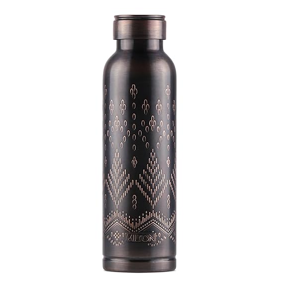 Milton Copper Swasth Water Bottle, 940 ml, Black Ethnic | Lacquer Coating, Curved bottle | Diwali | Festive | Gifting | Yoga | Home | Kitchen | Vedic