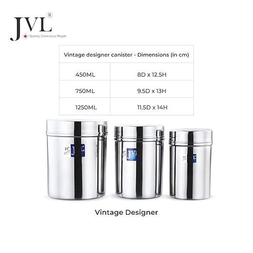 JVL Classicware Vintage Designer Canister Stainless Steel Kitchen Storage Jar with Lid Airtight, Mirror Polish Finish Ideal for Tea, Coffee, Sugar, Spices (450 ML) VCC - 1
