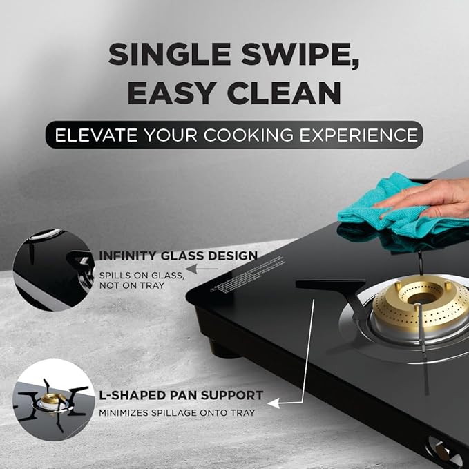 Luxe Max 4 Burner Glass Top Gas Stove With Driptray Less Infinity Design, With Jumbo Burner