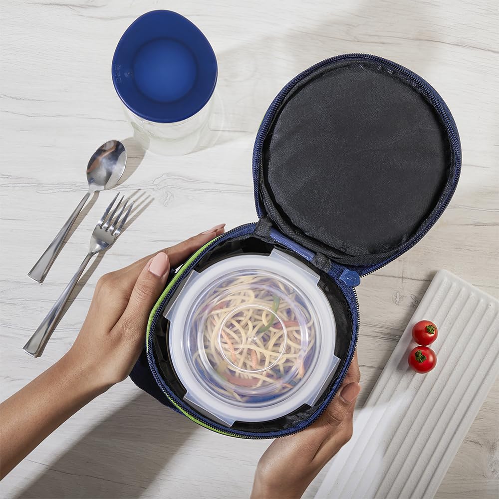 Borosil Klip n Store Lunchbox with Bag | Set of 3 (400 ml Each) | Borosilicate Glass, Round, Vertical | Microwave & Dishwasher Safe, Leak Proof | Tiffin for Office, School, College | Blue