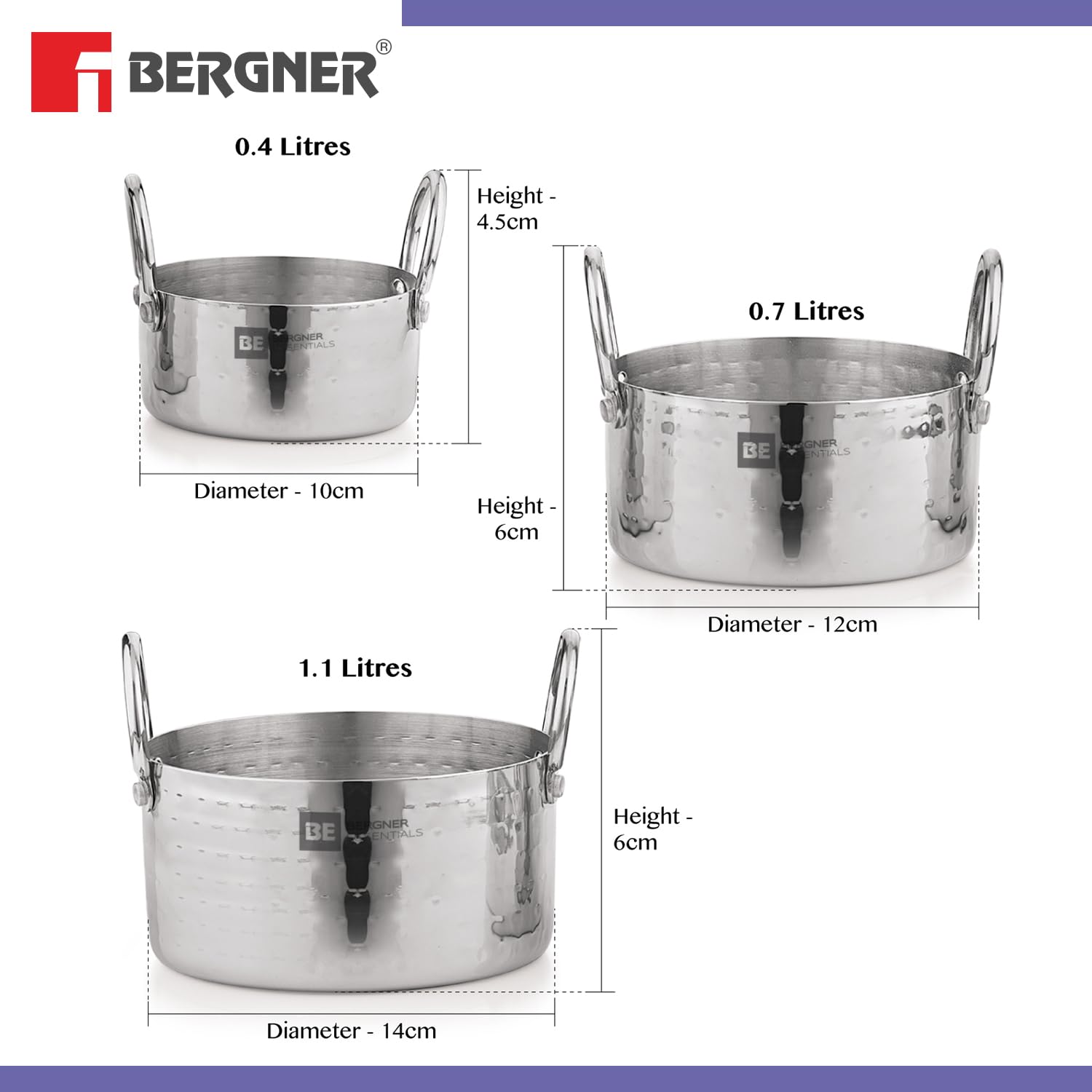 BE Essentials Stainless Steel Mini Hammered 3 Pcs Serving Set