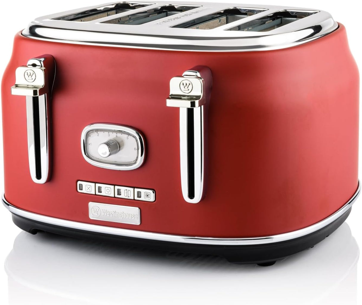 Westinghouse WKTTB809RD Red Retro Toaster | 4 Slice Capacity | 5 Settings | Adjustable Tan | Warming Rack and Crumb Tray