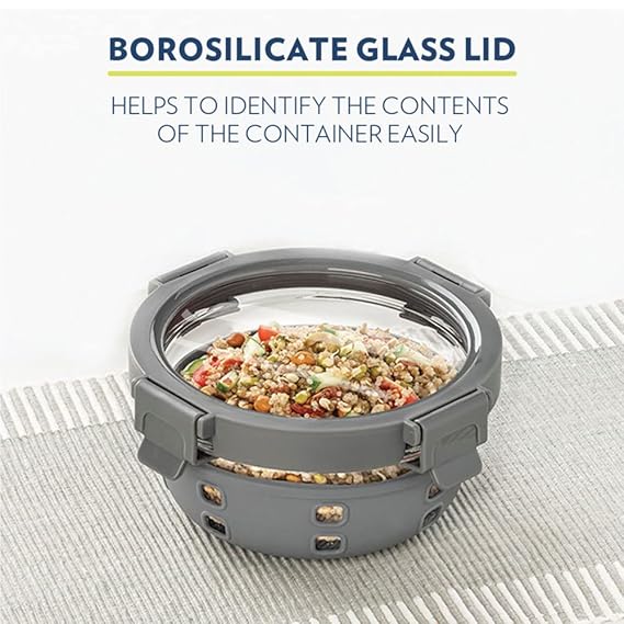 Borosil Klip N Store Plus 400 ml Round Glass Food Storage Container with Air Tight Glass Lid | Borosilicate Glass Container for Lunchbox | Microwave & Dishwasher Safe | Transparent