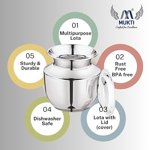 Mukti Lota, Kalash, Stainless Steel Silver Classic Finish, Ideal for Home & Kitchen (Shrifal Lota with Cover, 1000 ML)
