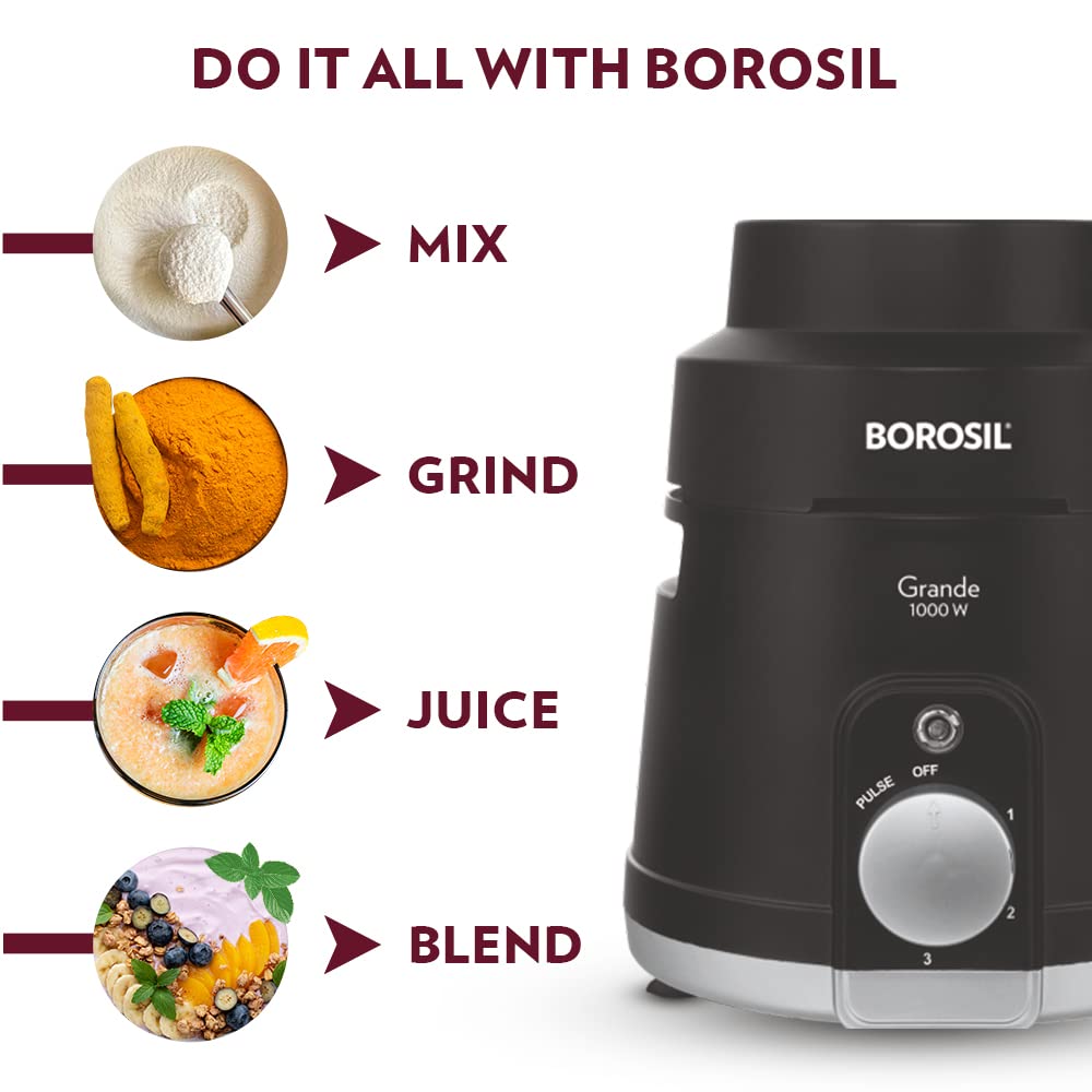 Grande 1000 W Mixer Grinder, With Double Ball Bearings, 4 Jars (3 SS Jars (1.5 L Blending Jar, 1.2 L Dry/Wet Grinder, 400 ml Chutney Jar) & 1 PC Jar with Fruit Filter) Mixie For Kitchen