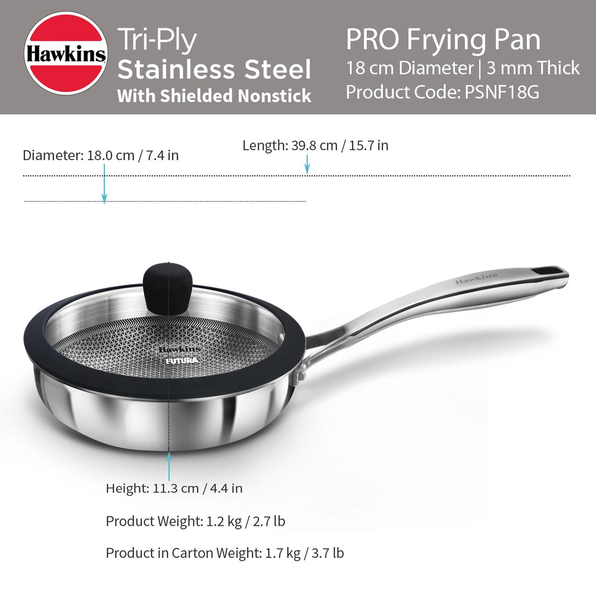 Hawkins Pro 18 cm Shielded Nonstick Triply Frying Pan, Fry Pan with Stainless Steel Handle and Glass Lid, Silver (PSNF18G)