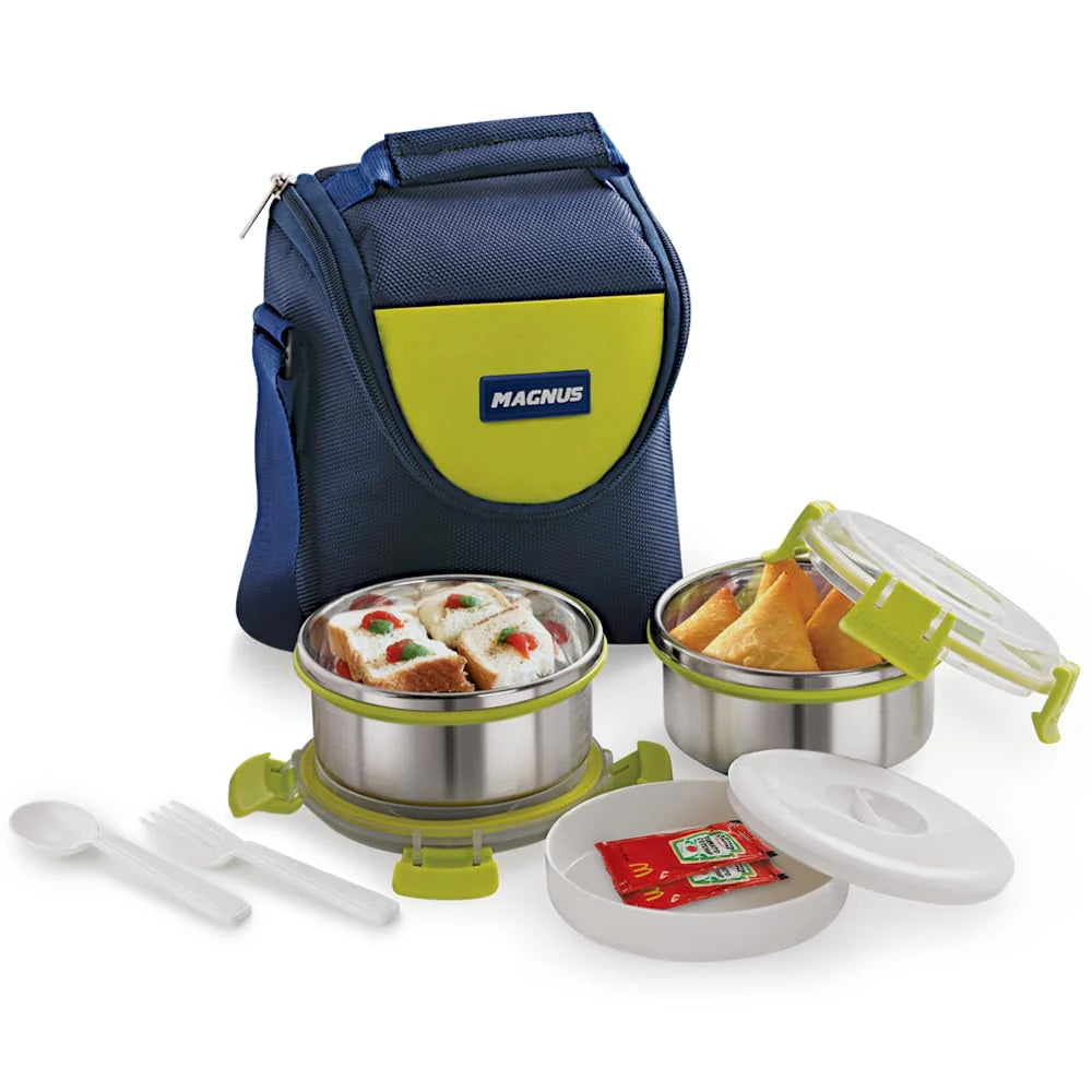 Aura 2-Piece Stainless Steel Lunch Box Set with Tiffin Bags, Utensils & Pouch | Airtight, Leakproof Containers | Lunch Box for Kids, Office Men, Women, School | BPA-Free