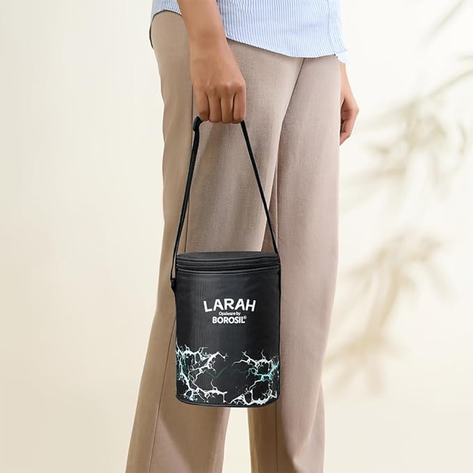 Larah by Borosil Zeus Lunch Box with Bag – 3pc Round Container Set (400ml Each), White