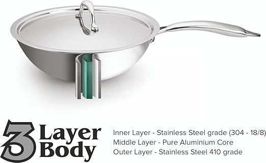 Signoraware Artista Tri-Ply Stainless Steel Induction Compatible Triply WOKPAN/DEEP FRYPAN with Stainless Steel Lid (Induction and Gas Compatible), 22cm, Capacity 2200 ml, Silver