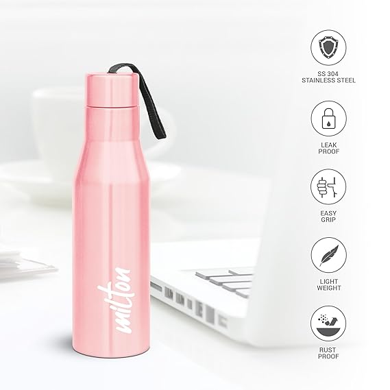 Milton Super 1000 Stainless Steel Water Bottle 1 ltr, Single Walled, ISI Certified I Leak Proof Lid, Rust Proof I For School, Office, Gym I Light Pink