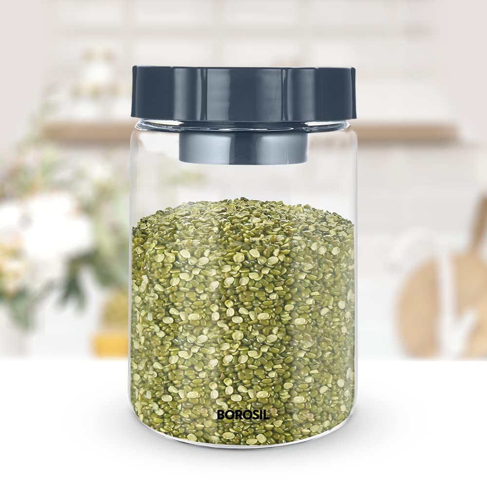 Borosil Easyscoop Endura 900 ml Glass Jar With PP Lid & Scoop Cup, Air-Tight Storage Container For Kitchen, Glass Jar For Storing Spices, Dals, Grains, Rice, Clear With Grey Lid, Round