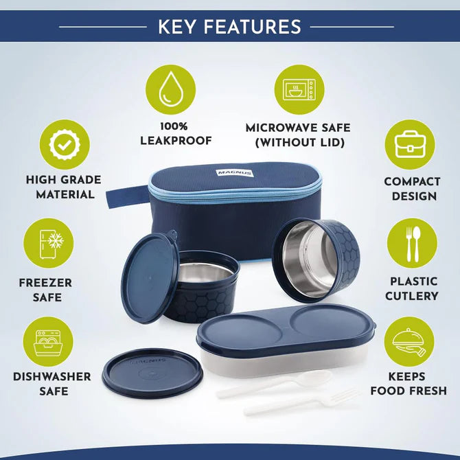 Feast 3 Microwave Safe Stainless Steel Lunch Box for Kids | Leakproof Tiffin with Insulated Cover | BPA-Free Containers | Lunch Boxes for Office Men Women | Hot Food Safe | Blue