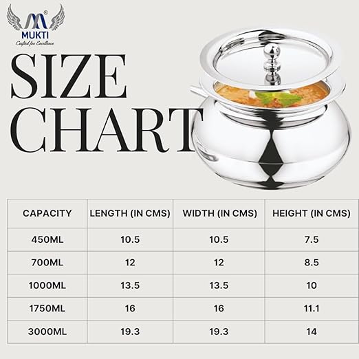 Mukti Stainless Steel Food Storage Handis & Cooking Pots|Curry Pots, Gravy, Rice Patilas, Biryani Kadhai & Topes|Zaika Handi with Lid|1000ml x 1pc