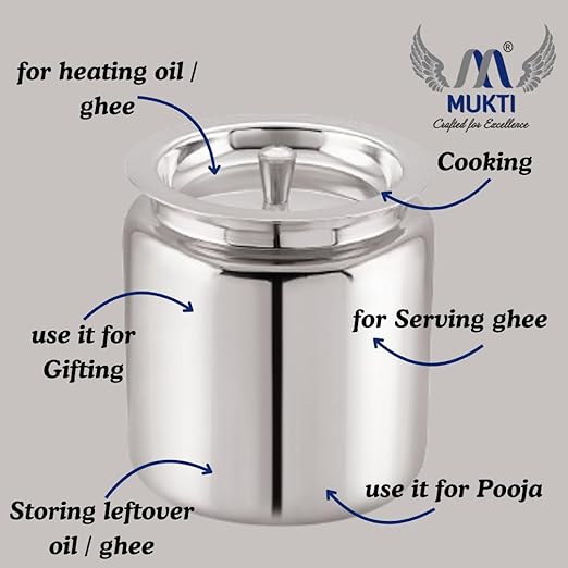 Mukti Stainless Steel Food Storage Jars & Containers|Ghee, Oil, Pickle Pot|Serving & Storing|Heritage Ghee Pot Without Spoon|450ml x 1