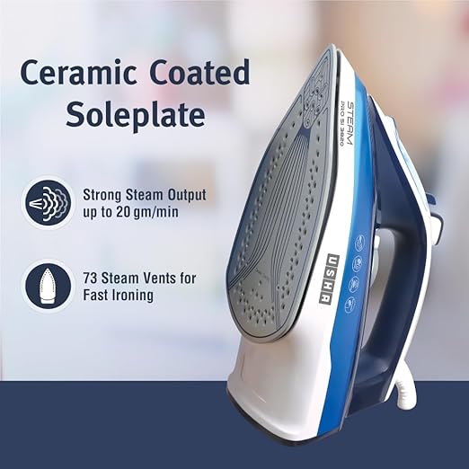 Usha Steam Pro SI 3820 Steam Iron 2000 W with Easy-Glide Durable Ceramic Soleplate, Powerful Steam Output from 73 Steam Vents, 280 ml Water Tank (Blue)