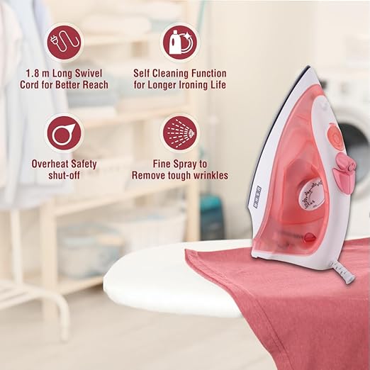 Usha SI 3813 C 1300W Steam Iron with Ceramic Coated Sole Plate, Self Cleaning, 180ml Water Tank, 360° Swivel Cord, Spray & Steam Burst Function Pink