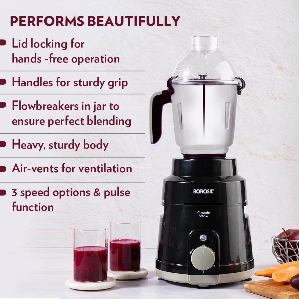 Borosil Grande Mixer Grinder 1000 W, 3 Jars