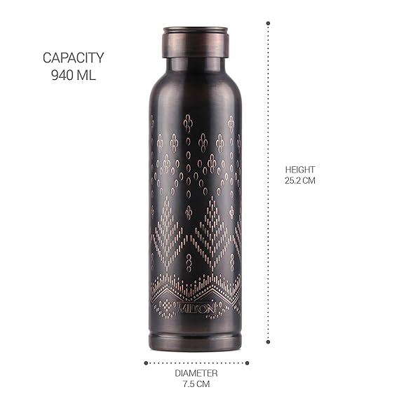 Milton Copper Swasth Water Bottle, 940 ml, Black Ethnic | Lacquer Coating, Curved bottle | Diwali | Festive | Gifting | Yoga | Home | Kitchen | Vedic
