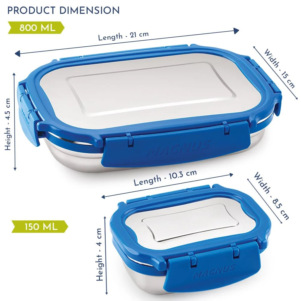 Bolt Deluxe Stainless Steel Lunch Box - Airtight & Leakproof Tiffin Set (800 ml & 150 ml) | Ideal Lunch Box for Kids & Office Men | Perfect for School, Office & Picnic | With Insulated Carrying Bag (Blue)
