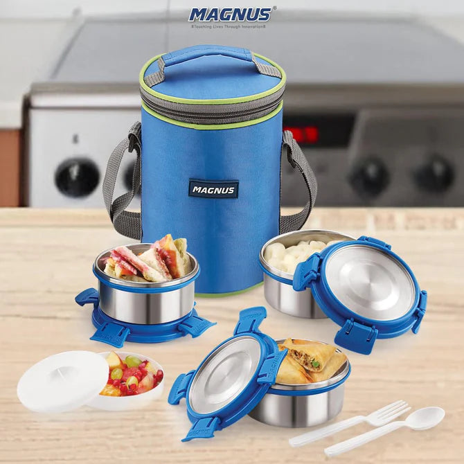 Aura 3 Deluxe Stainless Steel Lunch Box | Airtight & Leakproof Design with Insulated Cover | Ideal Lunch Box for Kids, Office Men & Women | Premium Tiffin Container (Blue)