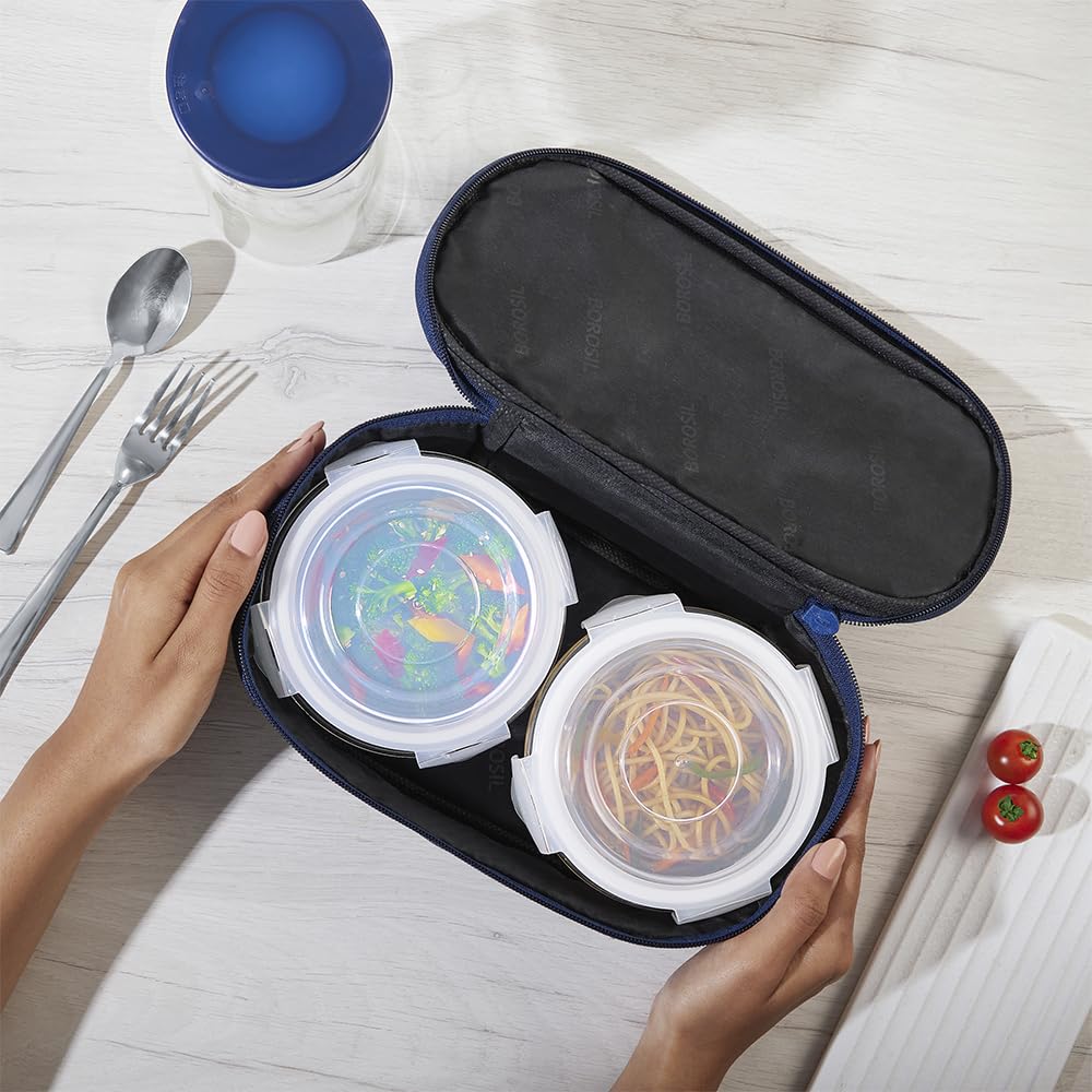 Borosil Klip n Store Lunchbox with Bag | Set of 2 (400ml Each) | Borosilicate Glass, Round, Horizontal | Microwave & Dishwasher Safe, Leakproof | Tiffin for Office, School, College | Blue, Transparent