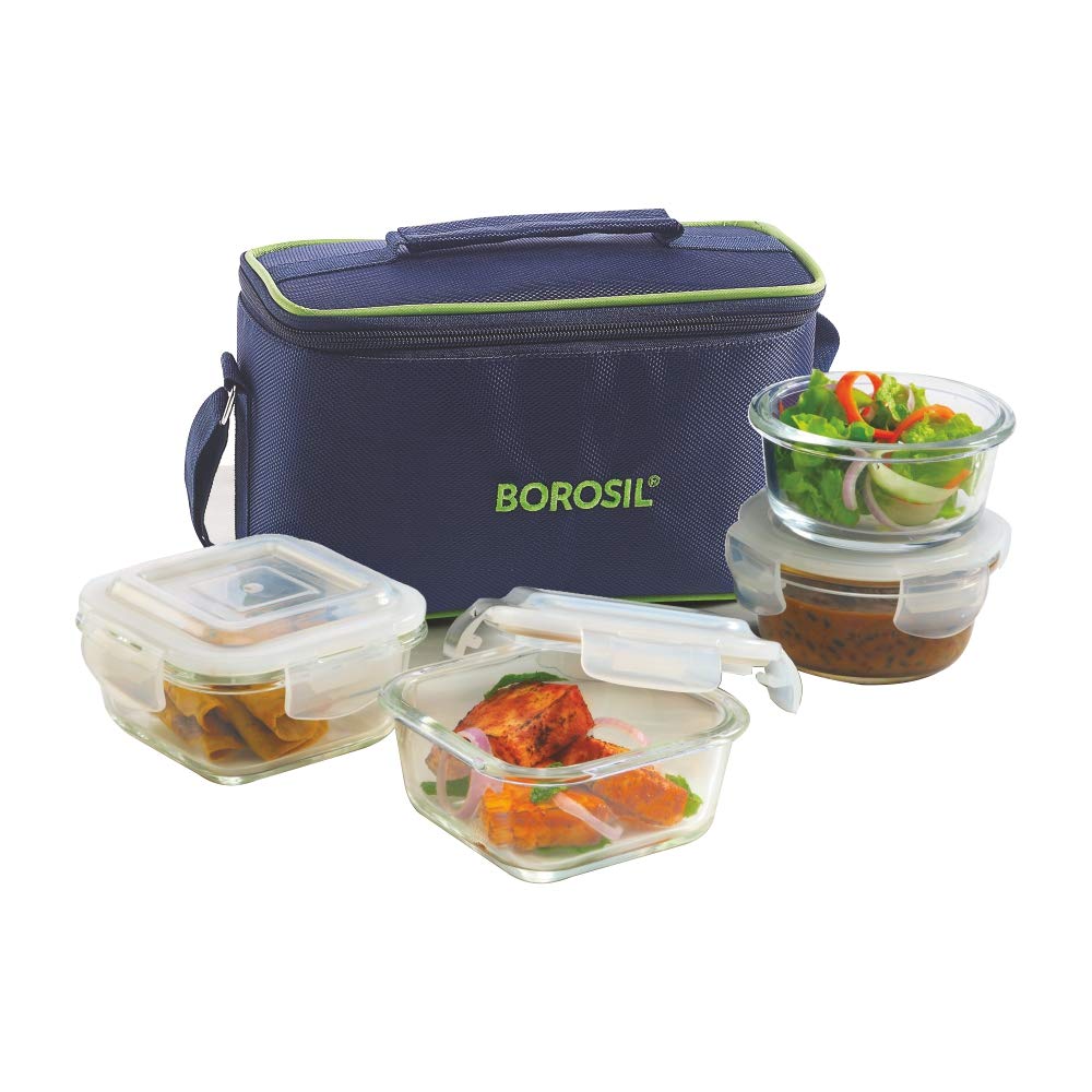 Borosil Klip n Store Universal Lunchbox | Set of 4 (320ml x 2 Square + 240ml x 2 Round), Borosilicate Glass | Microwave & Dishwasher Safe, Leakproof | Tiffin for Office/School/College | Transparent