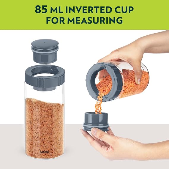 Borosil 1.2L Easyscoop Endura Glass Jar with PP Lid | Made in India Borosilicate Glass Storage Organiser | Microwave & Dishwasher Safe Kitchen Containers for Spices, Snacks, Grains, Dals | Transparent