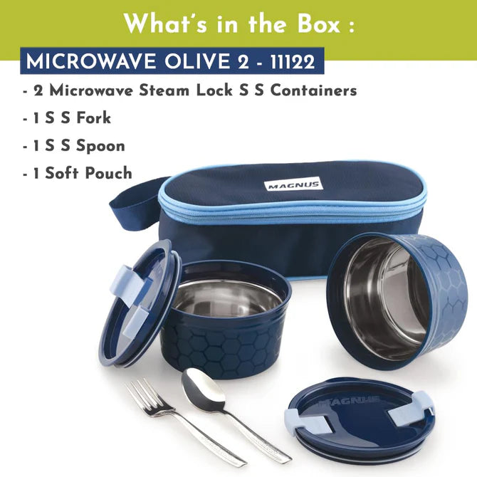 Microwave Olive 2 Lunch Box - 2 Microwave Safe Steamlock Stainless Steel Containers - Airtight & Leakproof - Ideal Lunch Box for Kids - Lunch Boxes for Office Men, Women & School