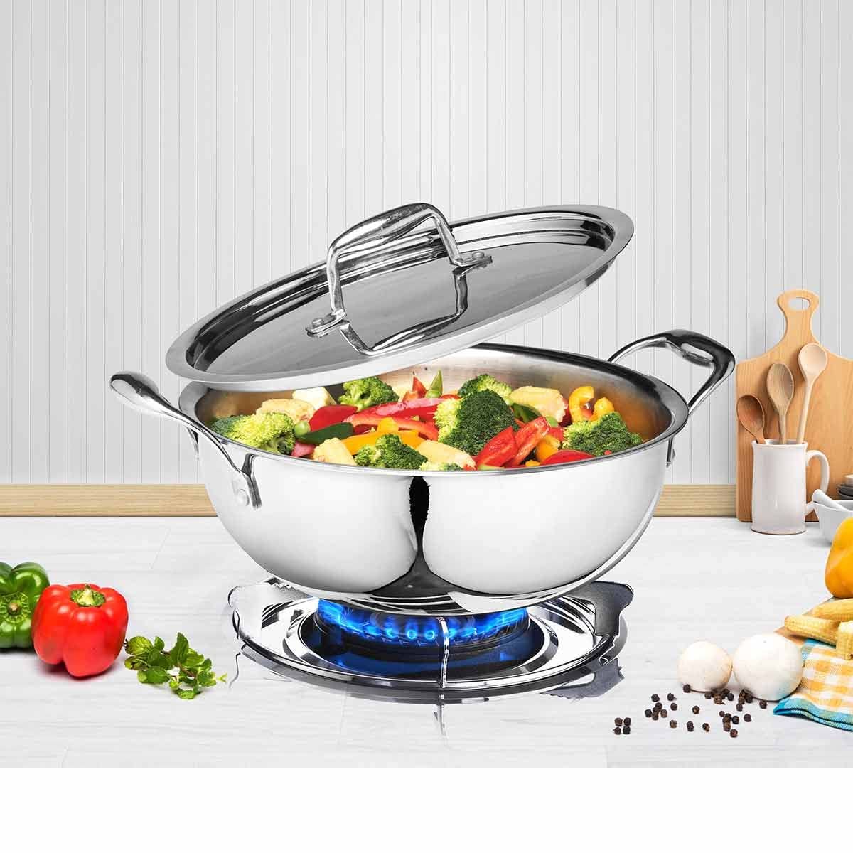 Signoraware Artista Triply Shallow Kadhai Stainless Steel Induction Compatible Triply with Steel Lid (Induction and Gas Compatible), 18cm, Capacity 1200ml, Silver (Copy)