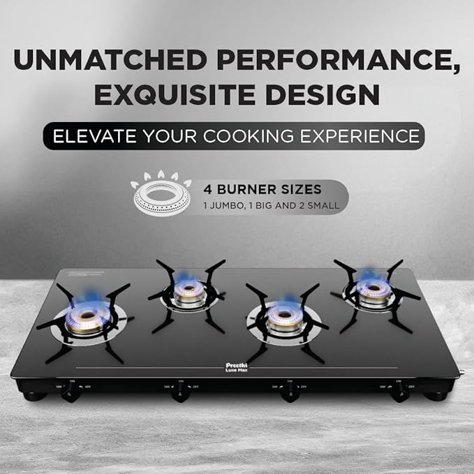 Luxe Max 4 Burner Glass Top Gas Stove With Driptray Less Infinity Design, With Jumbo Burner