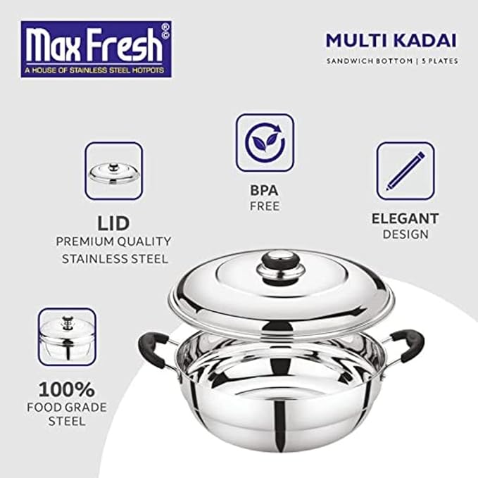 Stainless Steel Dhamaka Multi Kadai with Sandwich Bottom with 5 Plates in 1, Induction frinedly,Silver