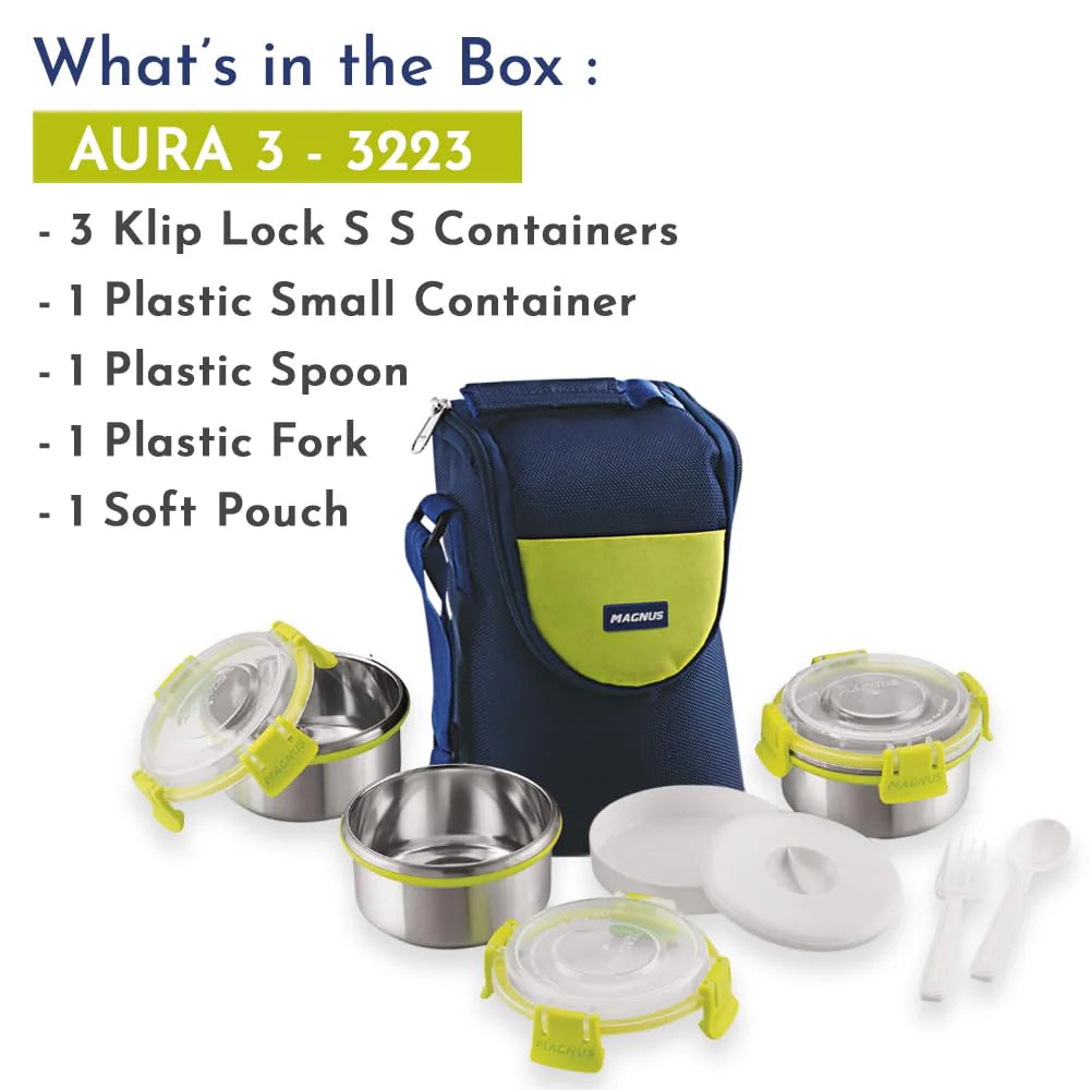 Aura 3 Stainless Steel Lunch Box Set - 3pcs with Tiffin Bags | Durable Lunch Box for Kids and Adults | Ideal Lunch Boxes for Office Men and Women | Perfect for School and Work