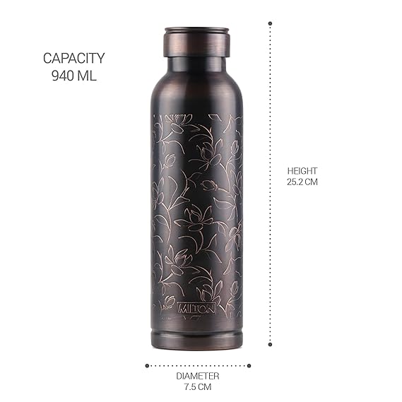 Milton Copper Swasth Water Bottle, 940 ml, Black Lotus | Lacquer Coating, Curved bottle | Diwali | Festive | Gifting | Yoga | Home | Kitchen | Vedic