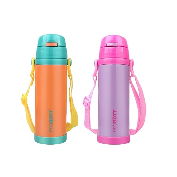 Probott Tom 500ml Kids Vacuum Insulated Flask – Hot & Cold Stainless Steel Sipper Bottle with Straw & Strap, Blue, Leak-Proof & Dishwasher Safe PB 500-51