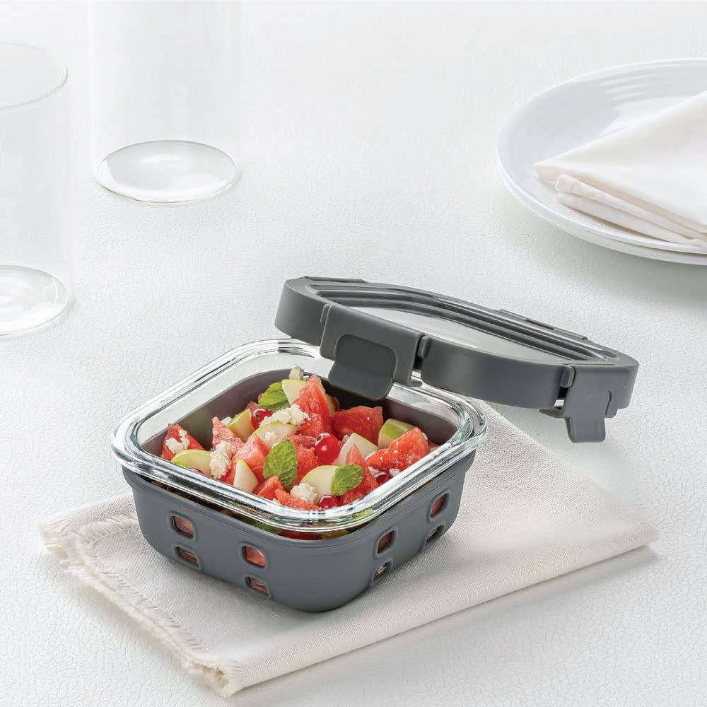 Borosil Klip N Store Plus 320 ml Square Glass Food Storage Container with Air Tight Glass Lid | Borosilicate Glass Container for Lunchbox | Microwave & Dishwasher Safe | Transparent