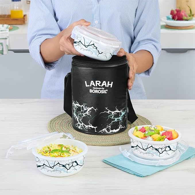 Larah by Borosil Zeus Lunch Box with Bag – 3pc Round Container Set (400ml Each), White