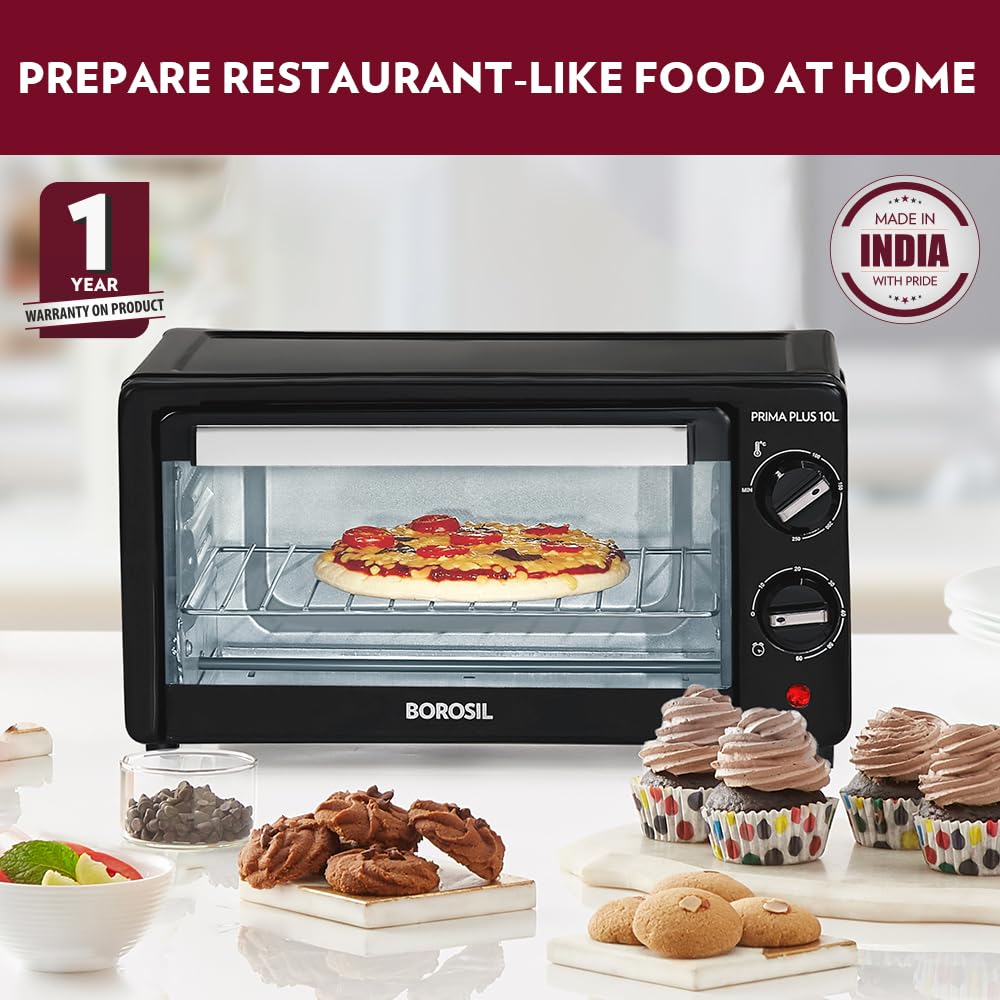 Borosil OTG Prima Plus 10 Litres Oven Toaster Griller, Pizza Oven, Cake Oven for Baking | 3 Heating Option