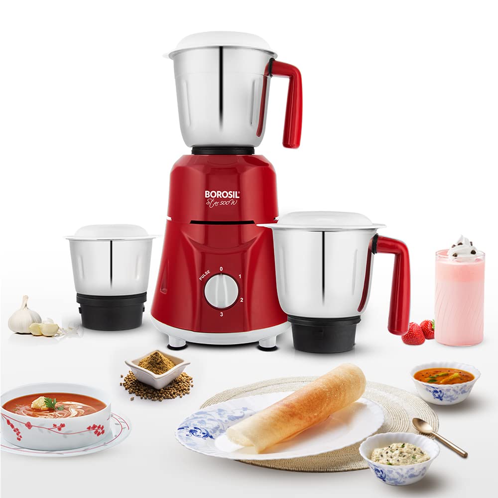 Borosil Star Mixer Grinder - Maroon 500 W, 3 Jars
