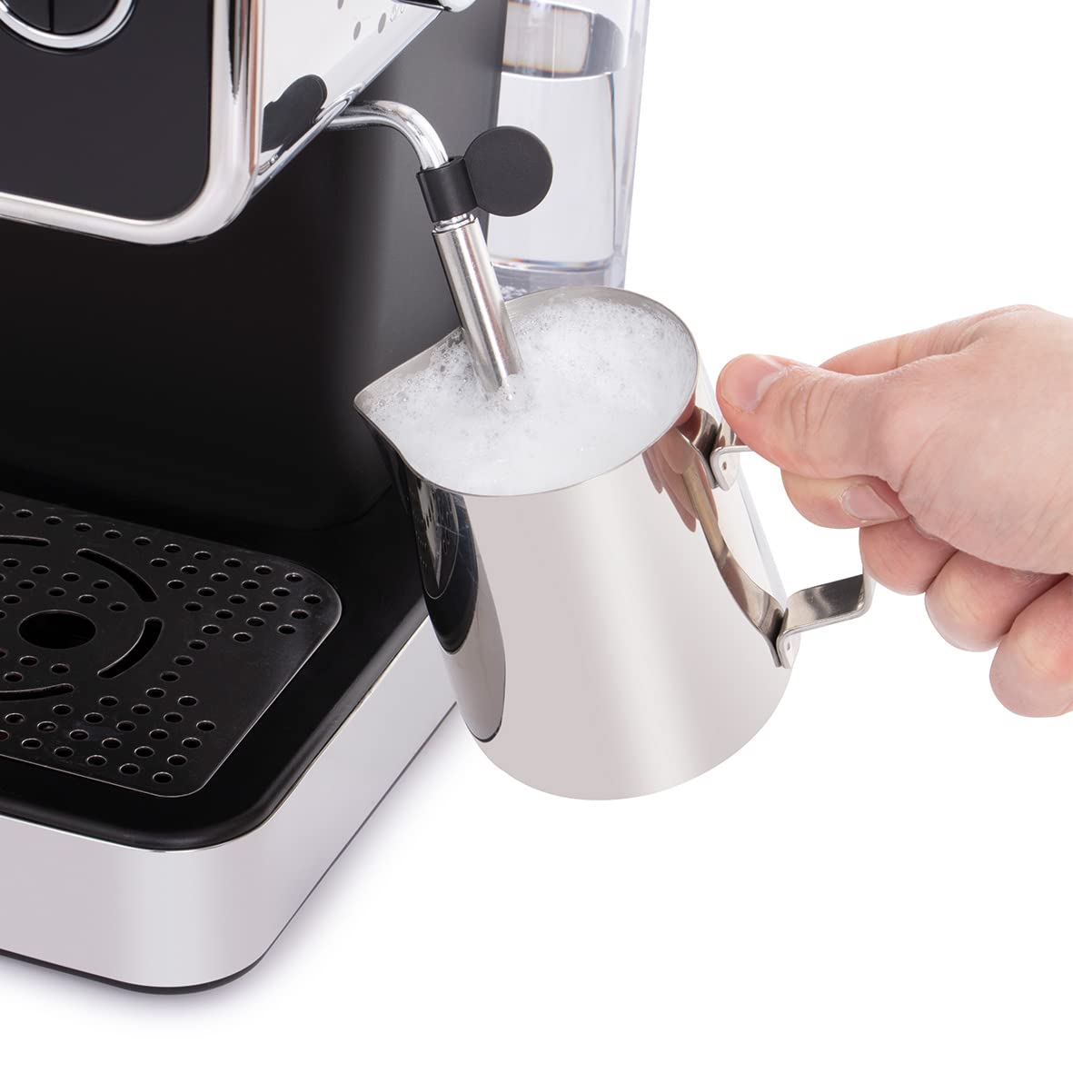 Distinctions Espresso Coffee Machine | 1350W 15 Bar Pump Pressure + Milk Frother Steam Wand, Latte & Cappuccino | Detachable Water Tank, ESE pods, Cup warmer, Black, SS| 26450-56