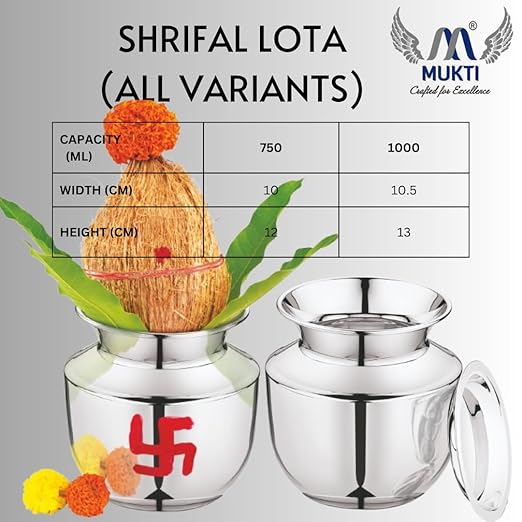 Mukti Lota, Kalash, Stainless Steel Silver Classic Finish, Ideal for Home & Kitchen (Shrifal Lota with Cover, 1000 ML)