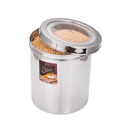 JVL Classicware Classic Stainless Steel Storage Tin with See-Through Lid | Mirror Finish, Airtight, Rust-Resistant Container for Spices, Grains, Snacks & Dry Fruits, Durable & Easy to Clean (2.8 L) CLT - 3