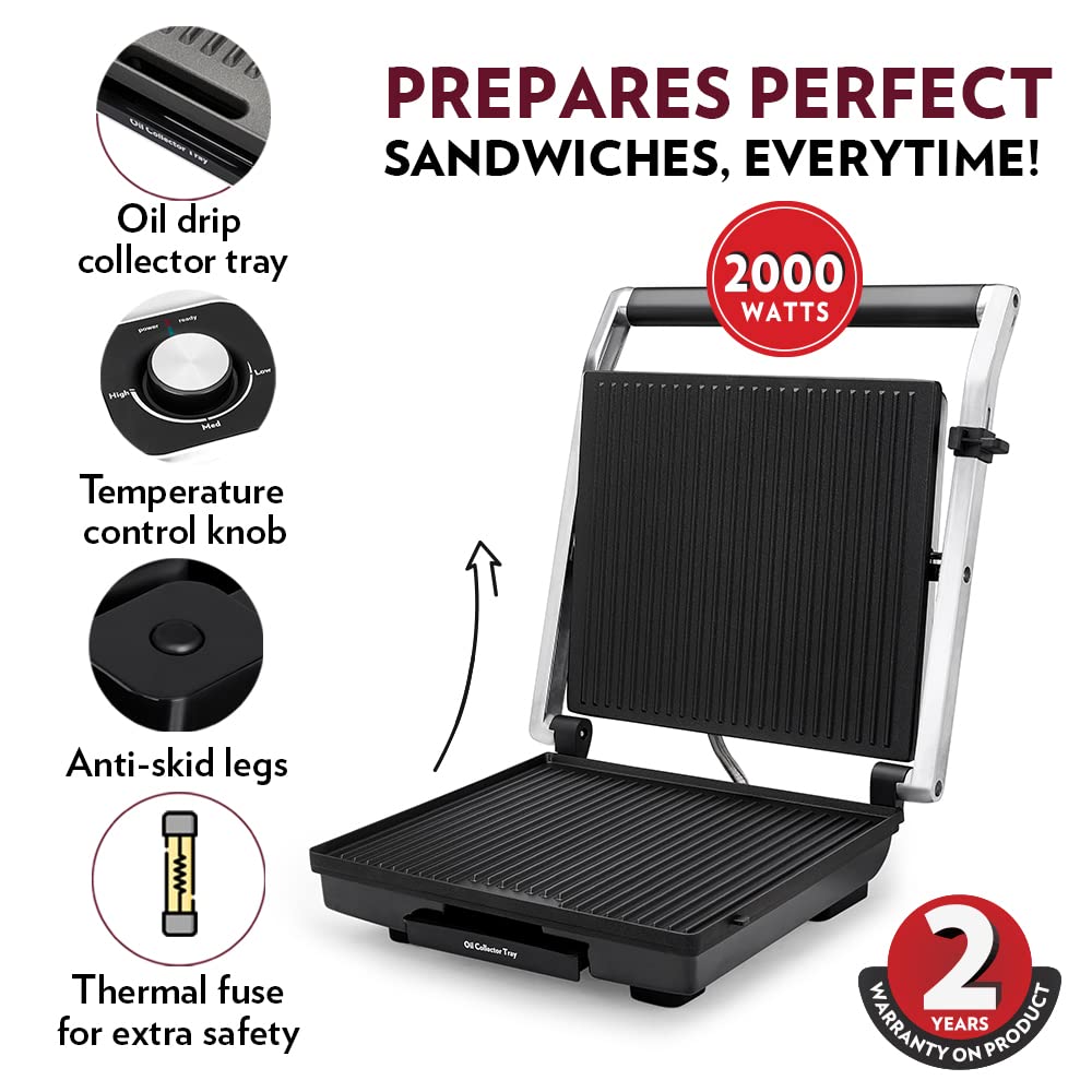 Borosil Meta Prime Grill Sandwich Maker 700 W, opens 90°