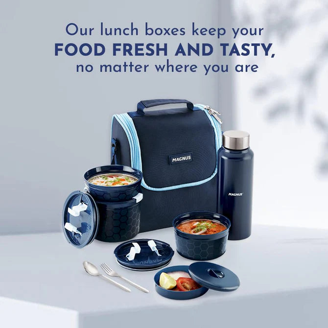 NEO 5 Lunch Tiffin with 3 Microwave Safe Steel Containers, Plastic Chutney Dabba, Steel Bottle, Spoon & Fork, Insulated Jacket - Ideal Lunch Box for Kids & Lunch Boxes for Office Men, Blue