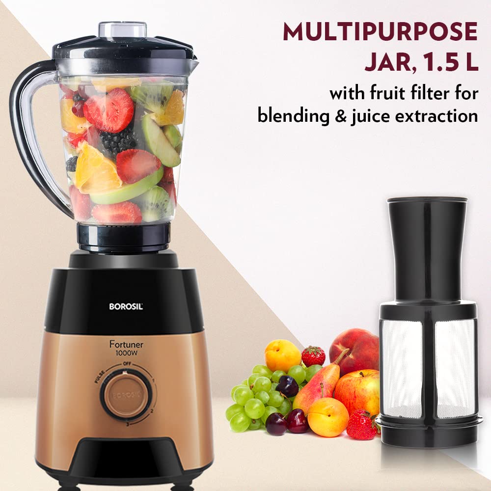 Borosil Fortuner Mixer Grinder Blender Juicer, Copper Motor, For Wet/Dry Mixing & Grinding, Blending Smoothies & Juicing Fruits 1000 Watts, 4 Jars